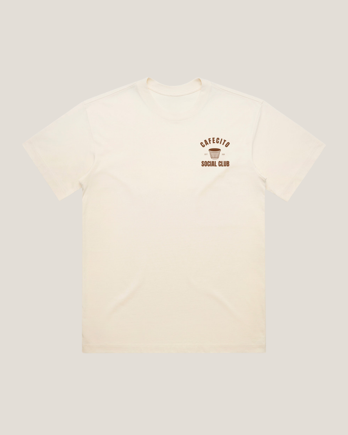 Beige t-shirt with a logo on a light gray background
