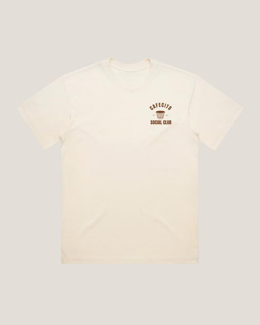 Beige t-shirt with a logo on a light gray background
