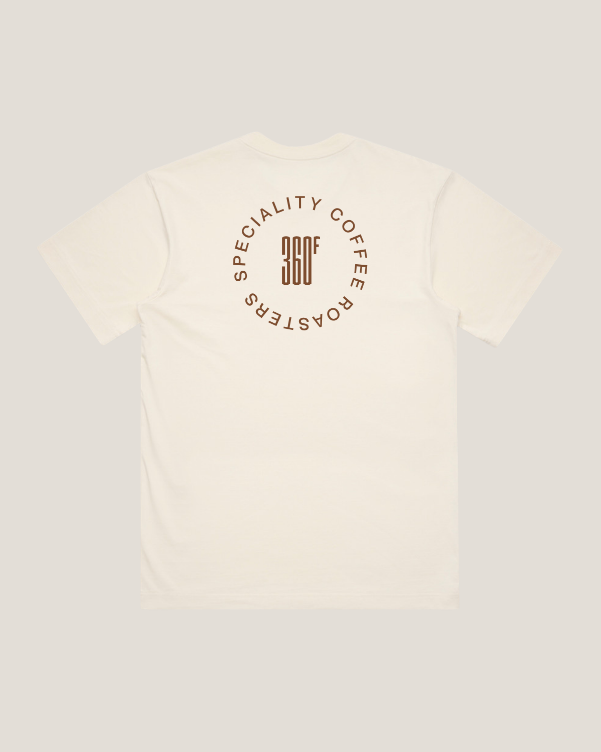 Beige t-shirt with '360 Coffee Roasters' logo on a light gray background
